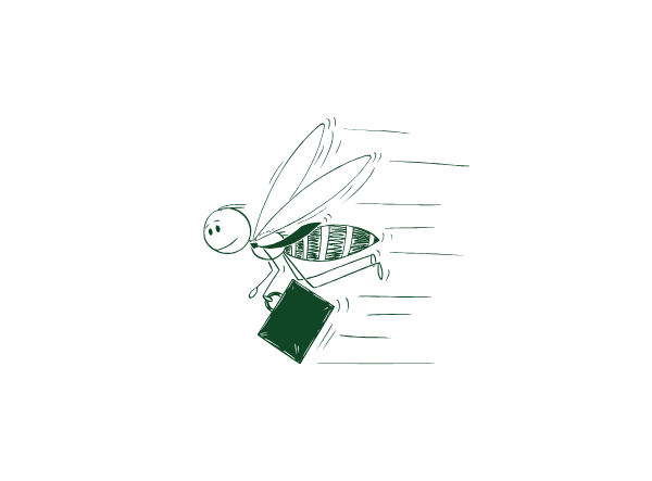 Speeding bee stick figure with briefcase illustrating the fast-paced reach of social media marketing