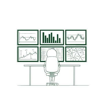 digital-marketing-service-by-digital-marketing-agency-in-india Illustration of a digital marketer monitoring six analytics dashboards, representing data-driven digital marketing services