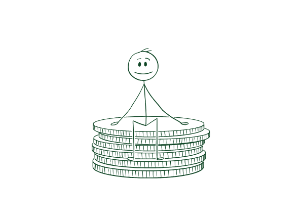 Smiling stick figure sitting atop a stack of coins representing the profitable returns of Google Ads campaigns