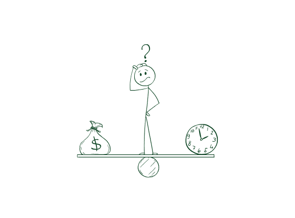 Stick figure on a seesaw balancing a money bag and a clock representing paid Instagram Ads strategy decisions