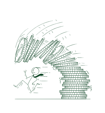 paid-marketing-by-digital-marketing-agency-in-india Stick figure running alongside a spinning tower of coins, representing paid marketing investment and ROI growth
