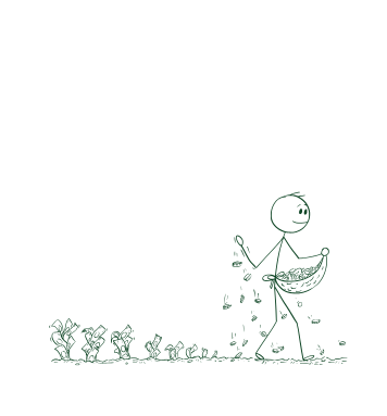r100-digital-marketing-service-package-by-digital-marketing-agency-in-india Stick figure sowing seeds that sprout into growing plants, representing R100 digital marketing packages for MSME growth