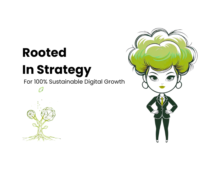 Illustrated character with tree-shaped hair and Rooted In Strategy tagline for a digital marketing agency
