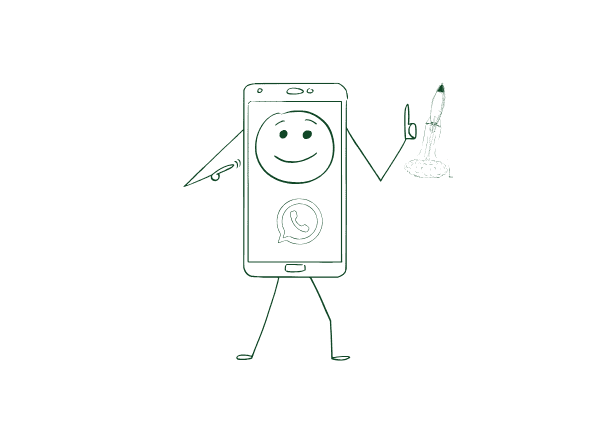 Smiling smartphone character with WhatsApp logo holding a pen and rocket illustrating WhatsApp marketing