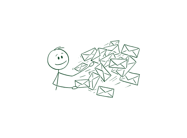 Stick figure sending off a flurry of envelopes illustrating automated email marketing campaigns