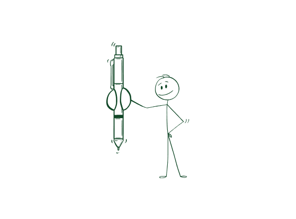 Stick figure raising a large pen symbolising the passion behind content writing services