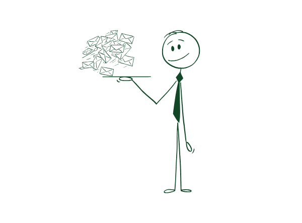 Smiling stick figure in a tie presenting a tray full of flying envelopes representing SMS marketing outreach